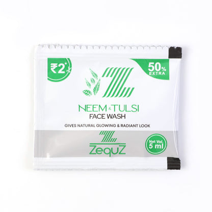 Wukusy Zequz Neem Tulsi Herbal Face Wash sachet, 5ml, for natural skin cleansing with neem and tulsi extracts.