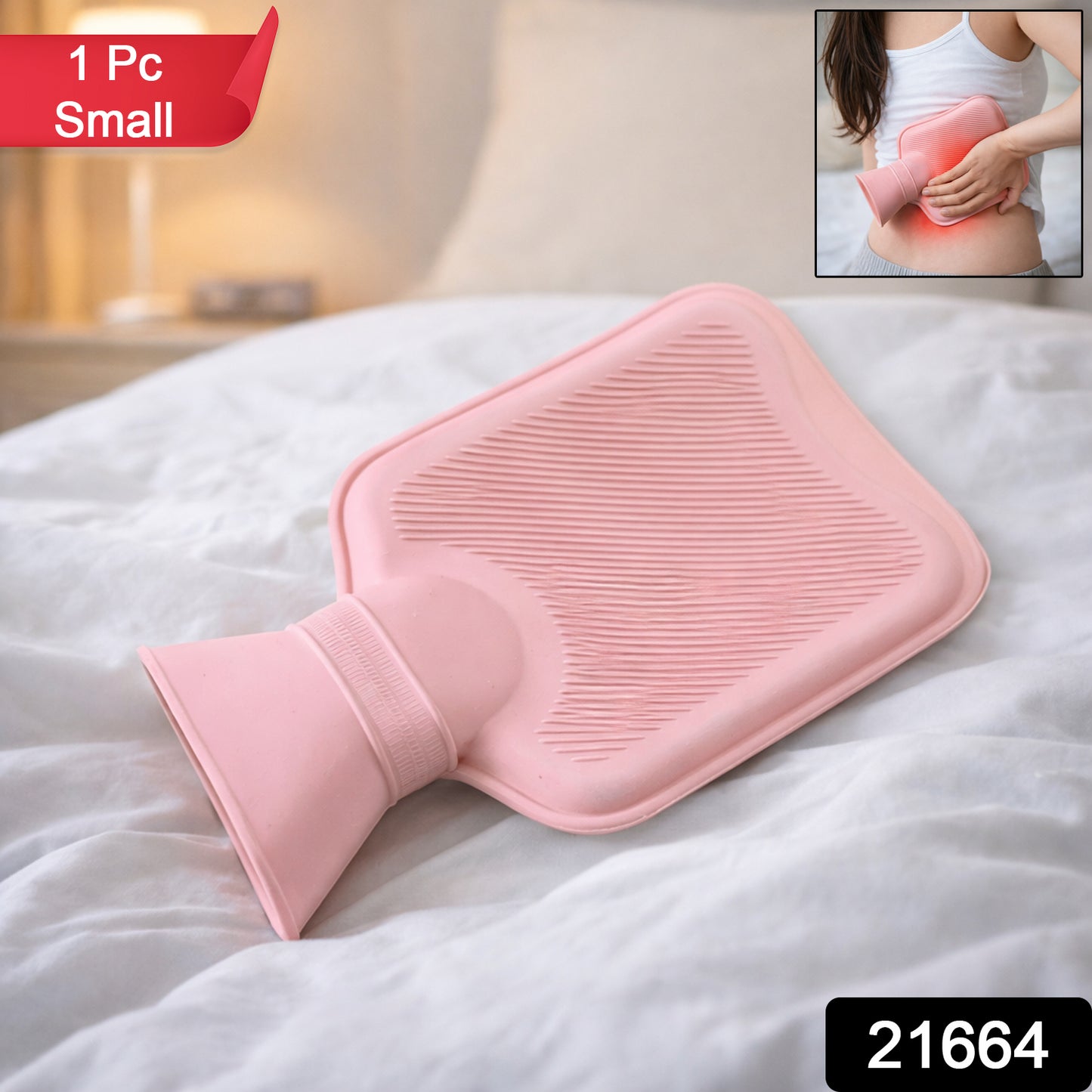 Wukusy reusable hot water bag for pain relief, showing a flexible rubber bag with a fabric cover for warm compress therapy.