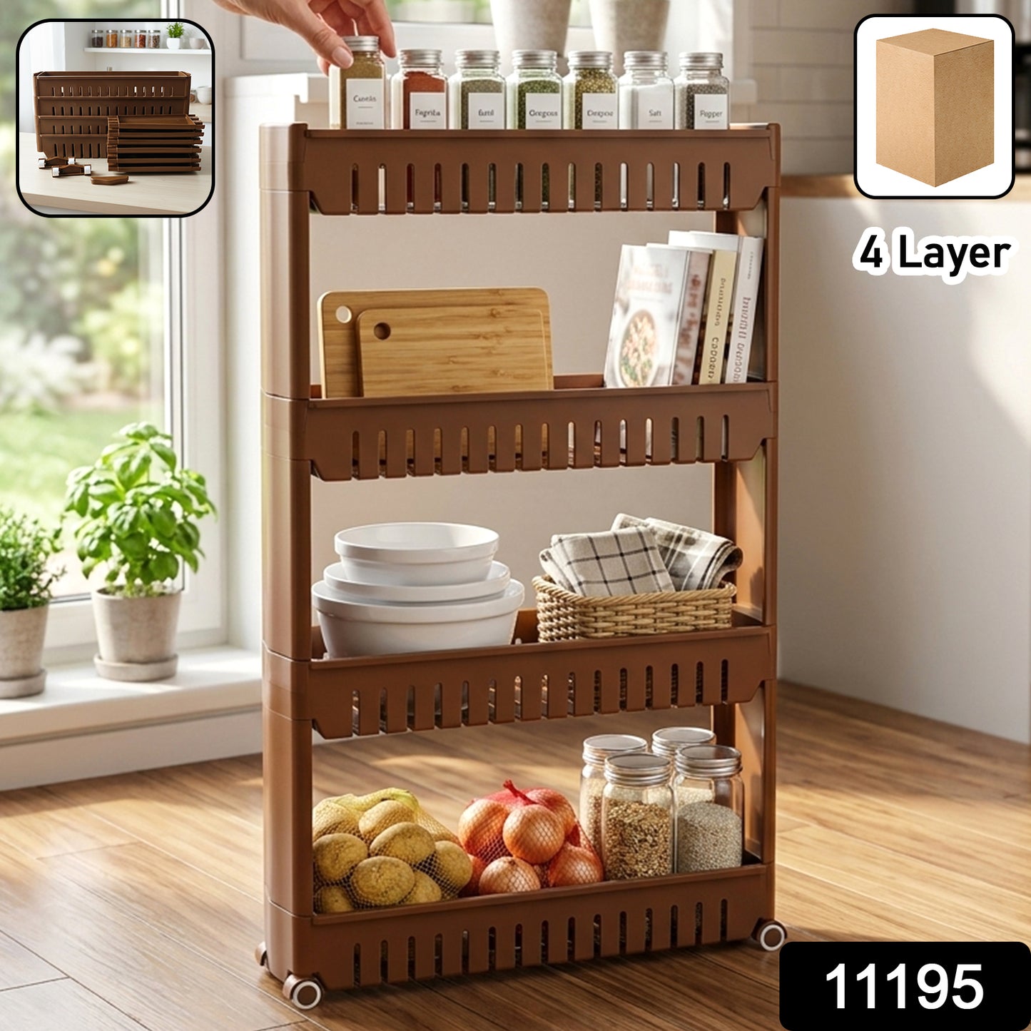 Wukusy multipurpose plastic 4-layer storage rack with wheels, featuring sturdy shelves and mobile design for versatile organization.