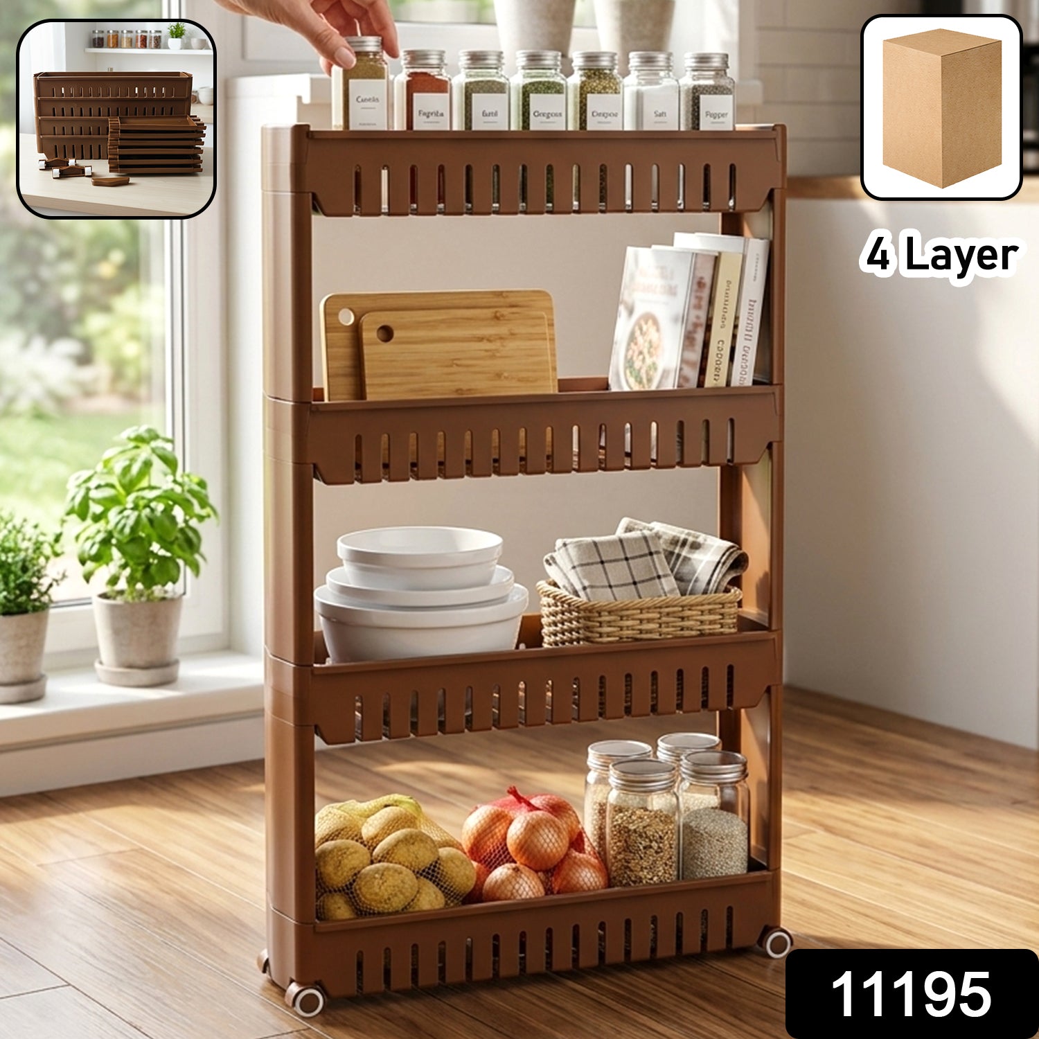 Wukusy multipurpose plastic 4-layer storage rack with wheels, featuring sturdy shelves and mobile design for versatile organization.
