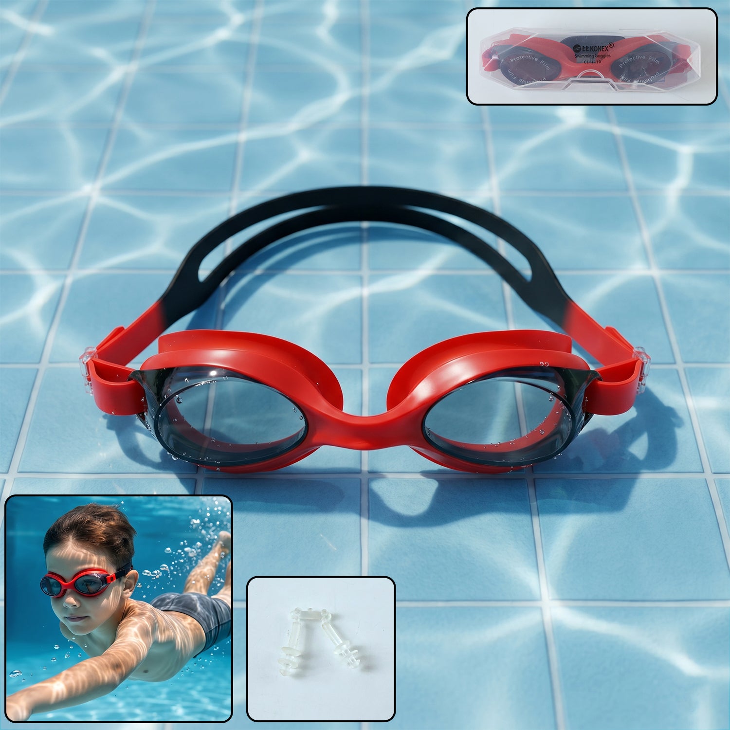 Wukusy premium swimming goggles with adjustable strap, clear lenses, and a sleek black frame for comfortable underwater swimming.