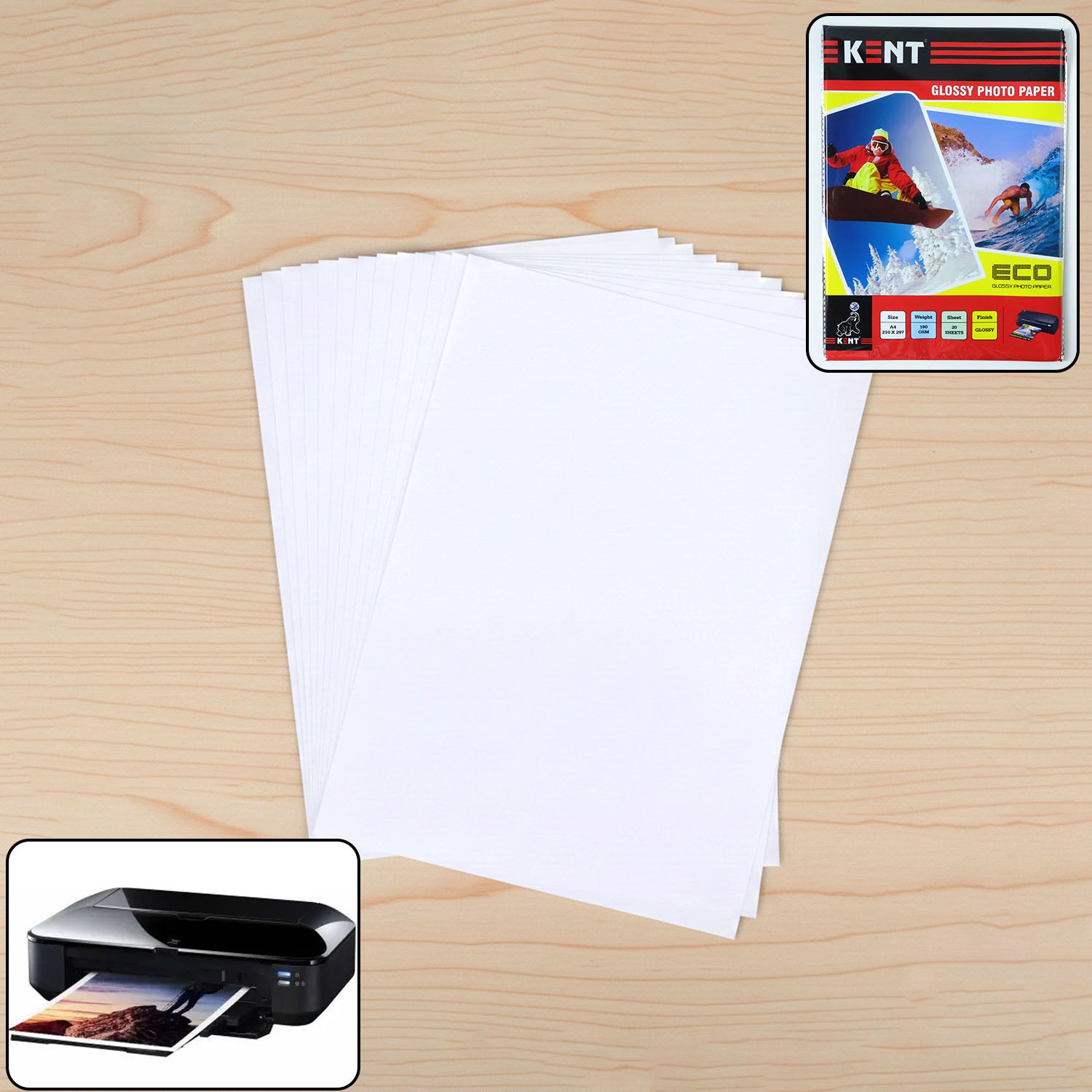 A4 size high glossy photo paper sheets by Wukusy, showing 20 sheets with shiny, smooth finish suitable for photo printing.