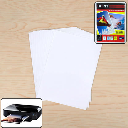 A4 size high glossy photo paper sheets by Wukusy, showing 20 sheets with shiny, smooth finish suitable for photo printing.