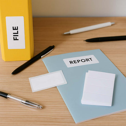 Wukusy Premium All Purpose Adhesive White Labels, 128 labels for office use, shown on sheet with clean, white labels ready for printing