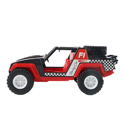 Wukusy Funwoods free-wheel racing Jeep toy car in red and black, suitable for children, with detailed plastic design.