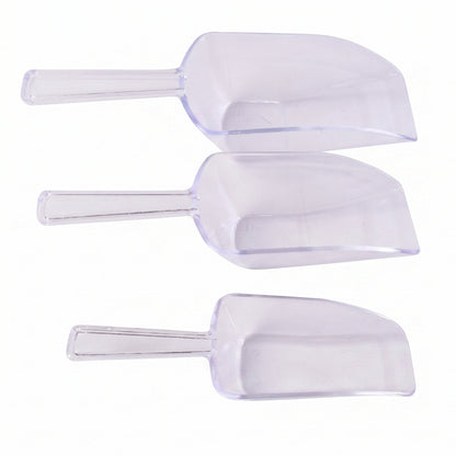 Three clear plastic scoops for flour, coffee, sugar, and grains from Wukusy, versatile and ideal for kitchen use.