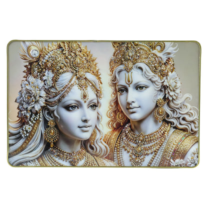 Elegant Radha Krishna wall art frame in golden finish, 45x30 cm, featuring intricate Hindu deity design by Wukusy.