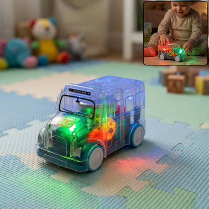 Kids transparent musical light-up school bus toy by Wukusy with colorful lights and musical features, designed for children.
