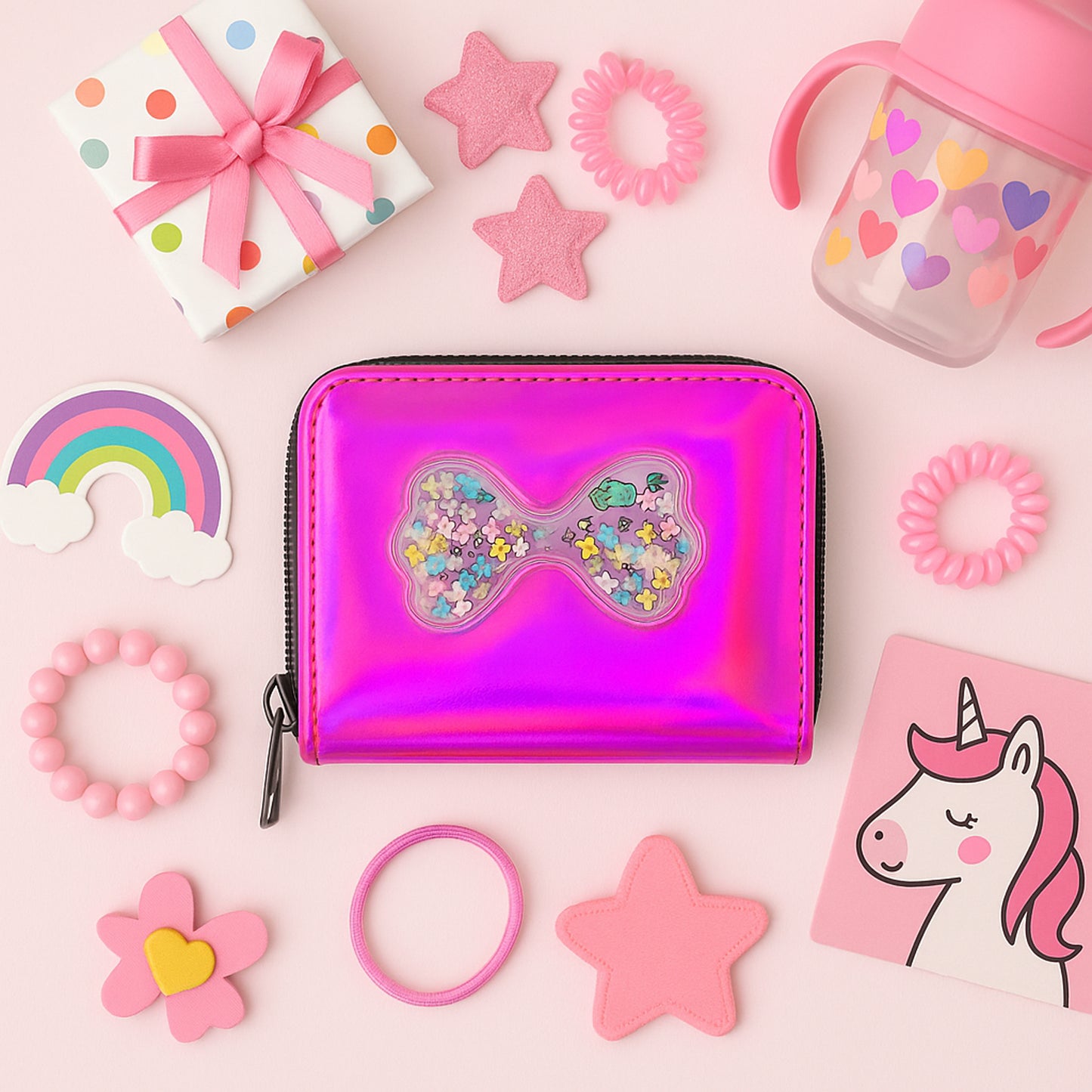 Colorful Wukusy kids travel wallet showing multiple compartments and playful design for children.