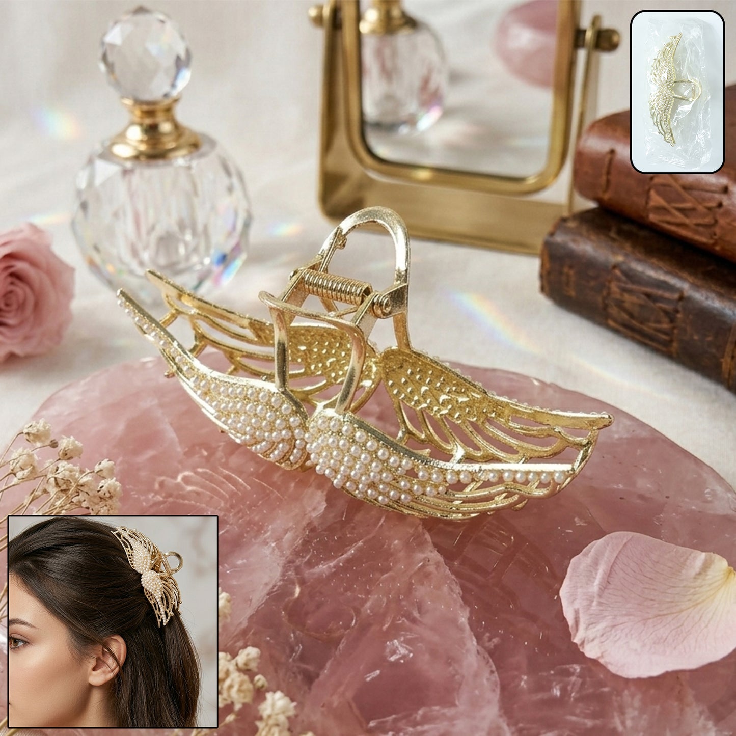 Elegant Wukusy pearl-studded hair claw clip for women, showcasing a sleek, stylish hair accessory with pearl accents.