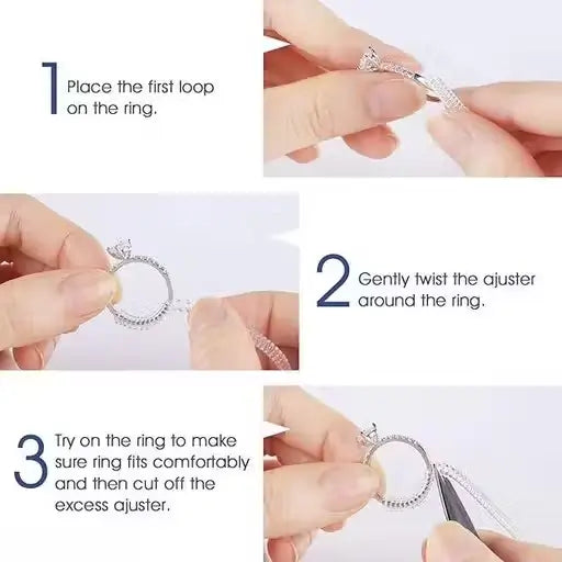 Ekom invisible ring size adjuster for loose rings, showing four sizes of clear, discreet ring guards fitting various jewelry styles