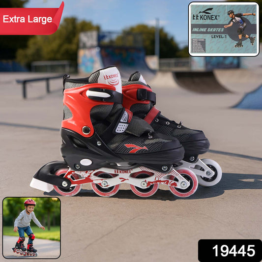 Wukusy professional adjustable inline skates for kids and adults, showing a pair with black and blue design on smooth skate wheels