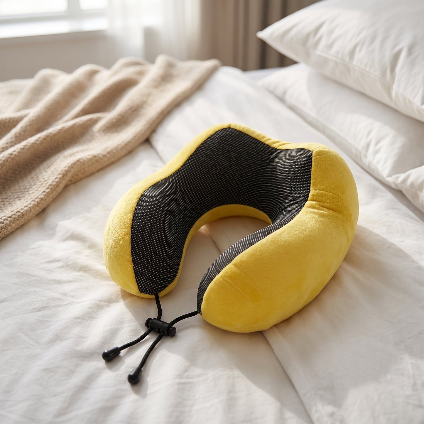 Yellow plush U-shaped travel neck pillow with drawstring from Wukusy, designed for comfort during travel.