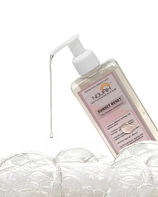 Ekom Nourix Sunset Reset Serum and Face Wash combo featuring a sleek bottle and face wash tube on a neutral background.