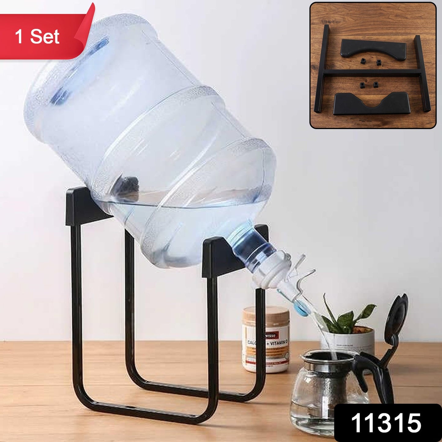 Heavy-duty metal water can bottle dispenser stand for 20-liter bottles, designed by Wukusy, shown holding a large water can.