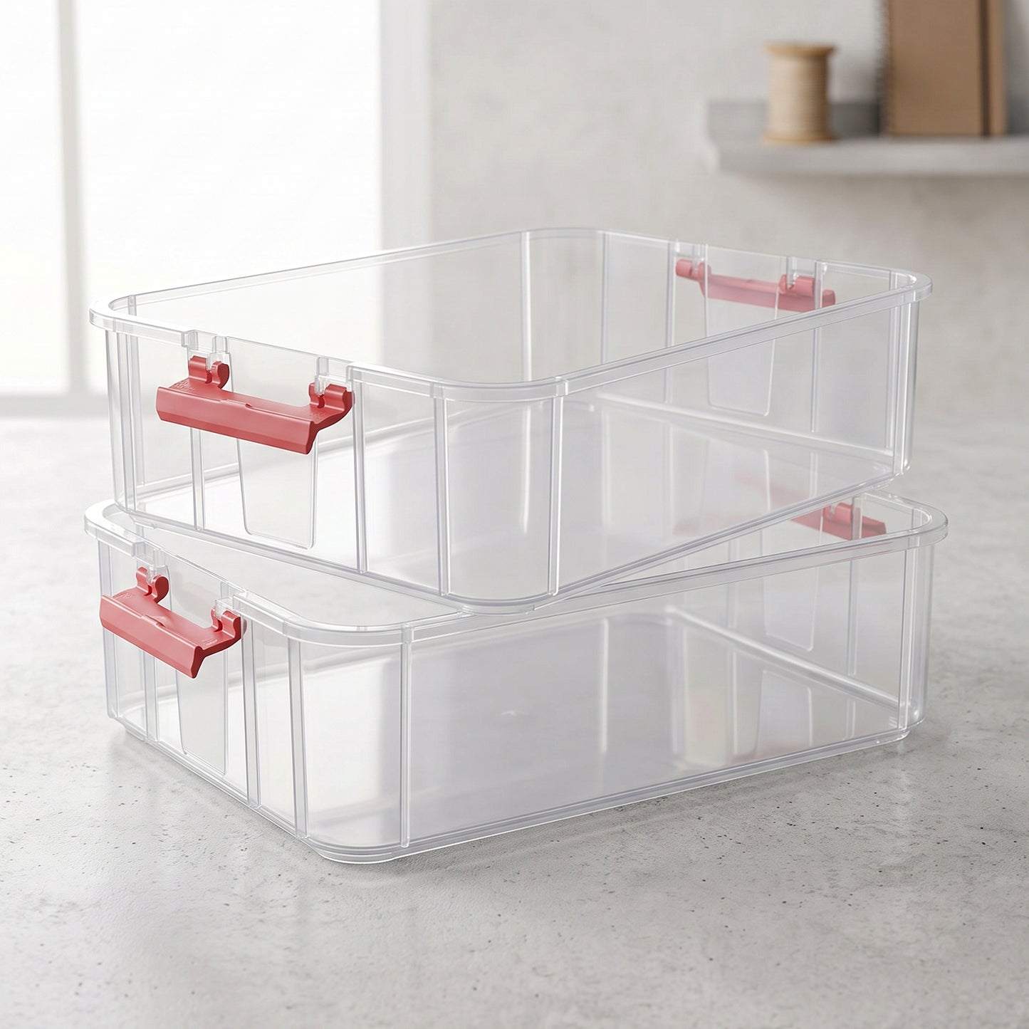 Transparent plastic storage box with lid from Wukusy, 2-layer stackable organizer, ideal for organizing household or office items.