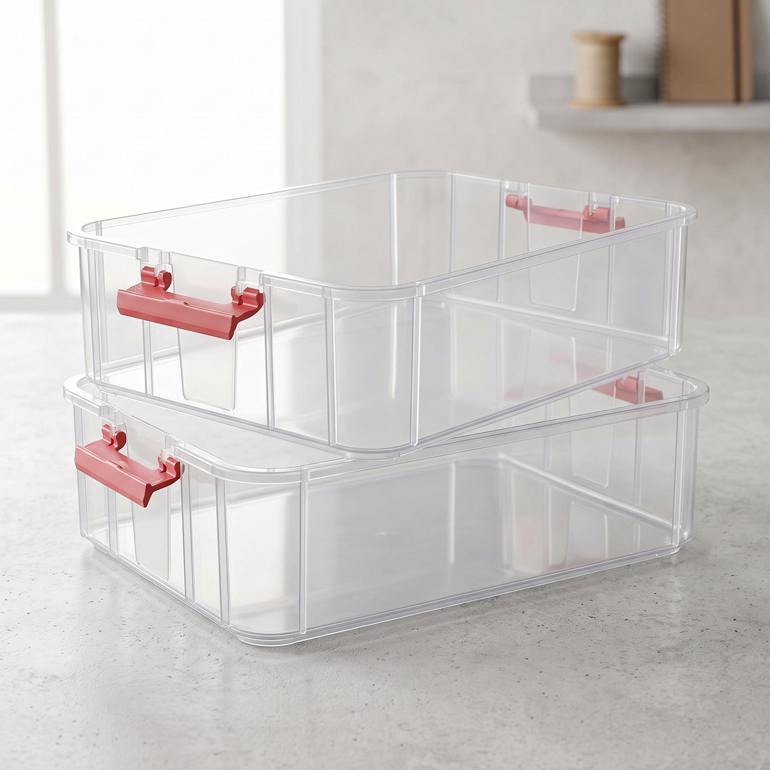 Transparent plastic storage box with lid from Wukusy, 2-layer stackable organizer, ideal for organizing household or office items.