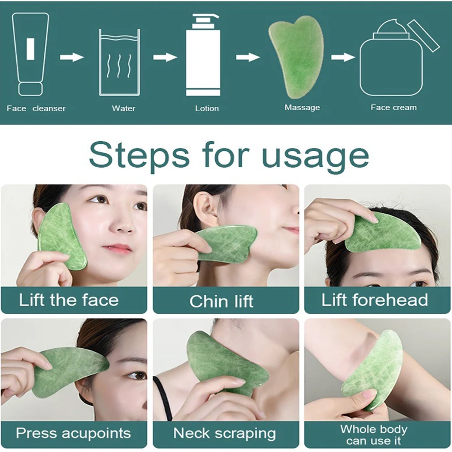 Wukusy Gua Sha stone and jade roller set for face massage, natural skincare tool for anti-aging and glowing skin.