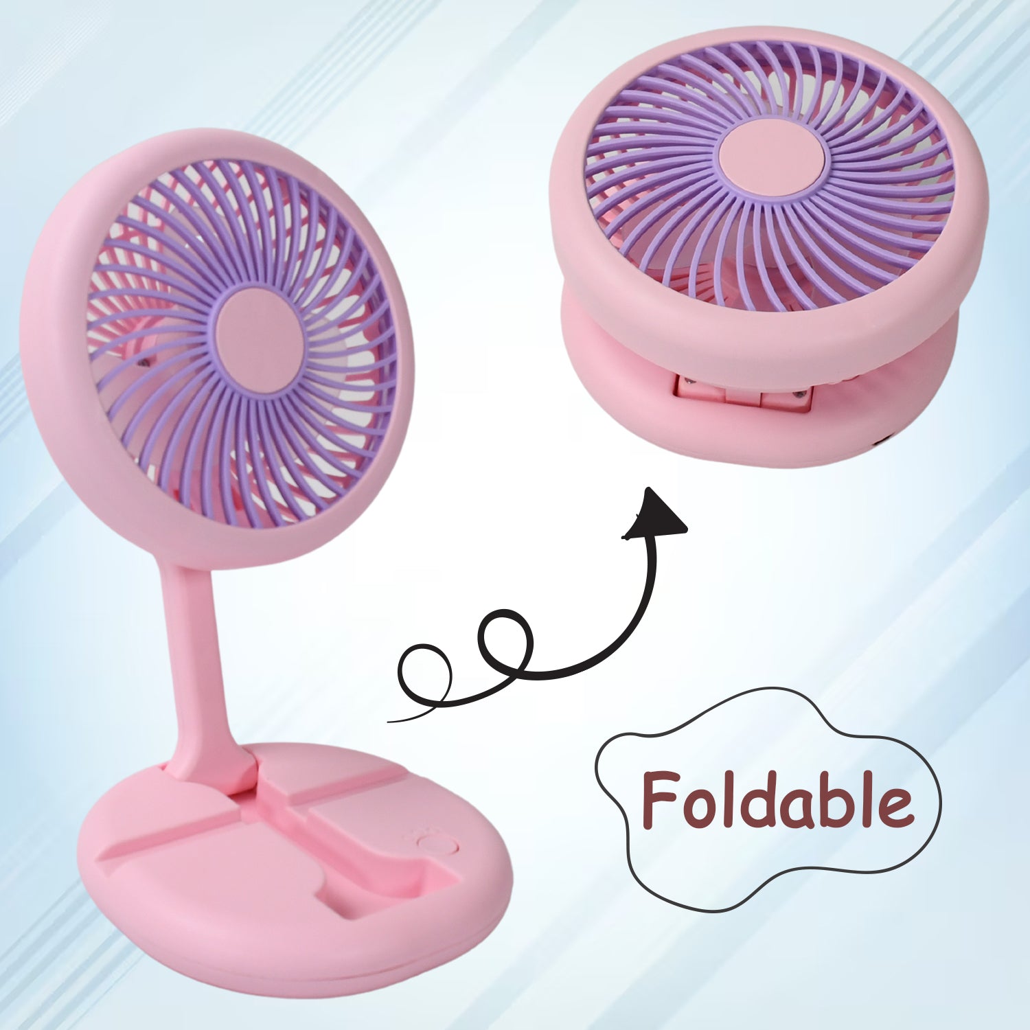 Wukusy USB rechargeable portable fan with LED light, foldable design, heavy-duty build, and charging port for home or outdoor use.
