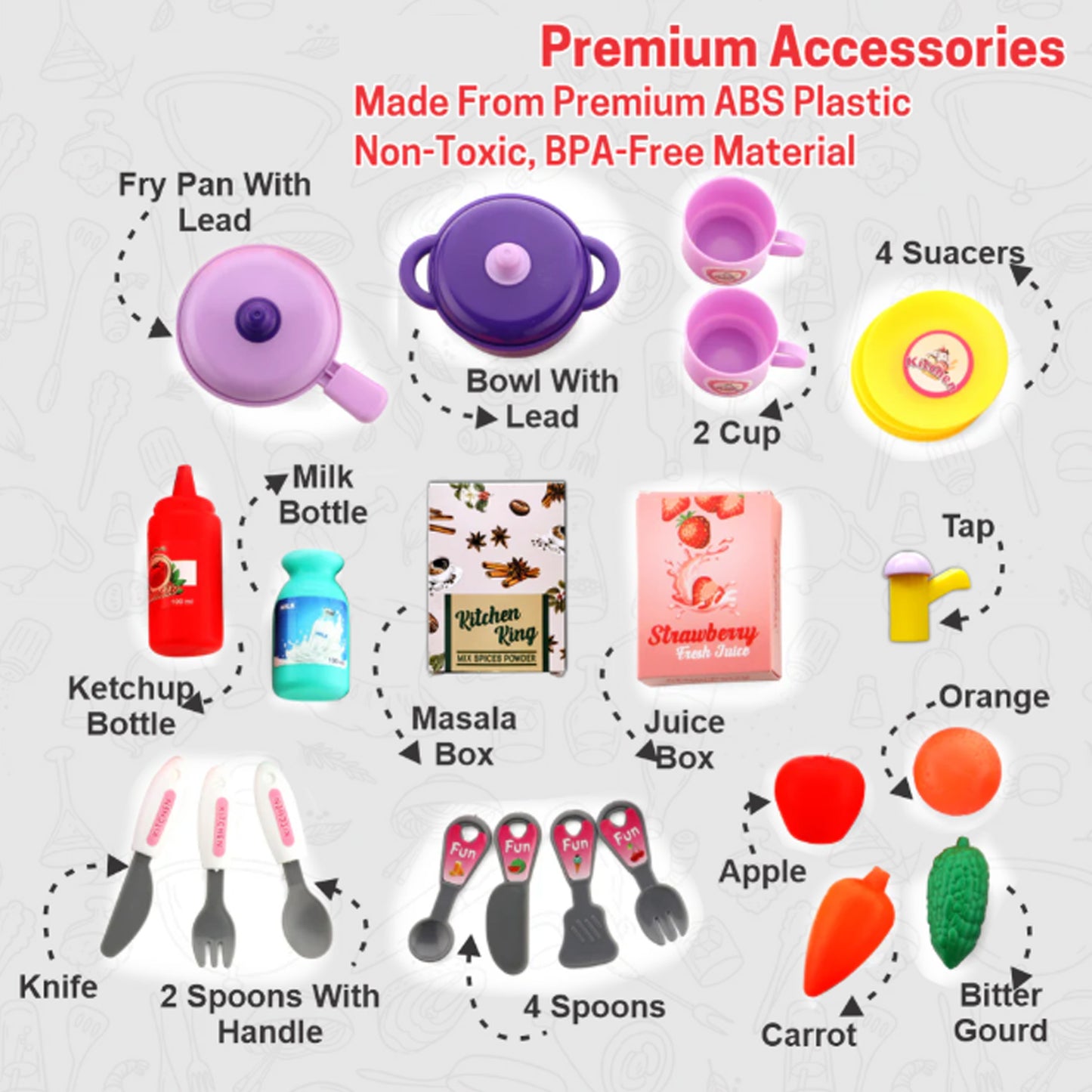 Wukusy 3-in-1 Kids Kitchen Set with pretend play toys in a portable suitcase, includes pots, utensils, and accessories for imaginative play.