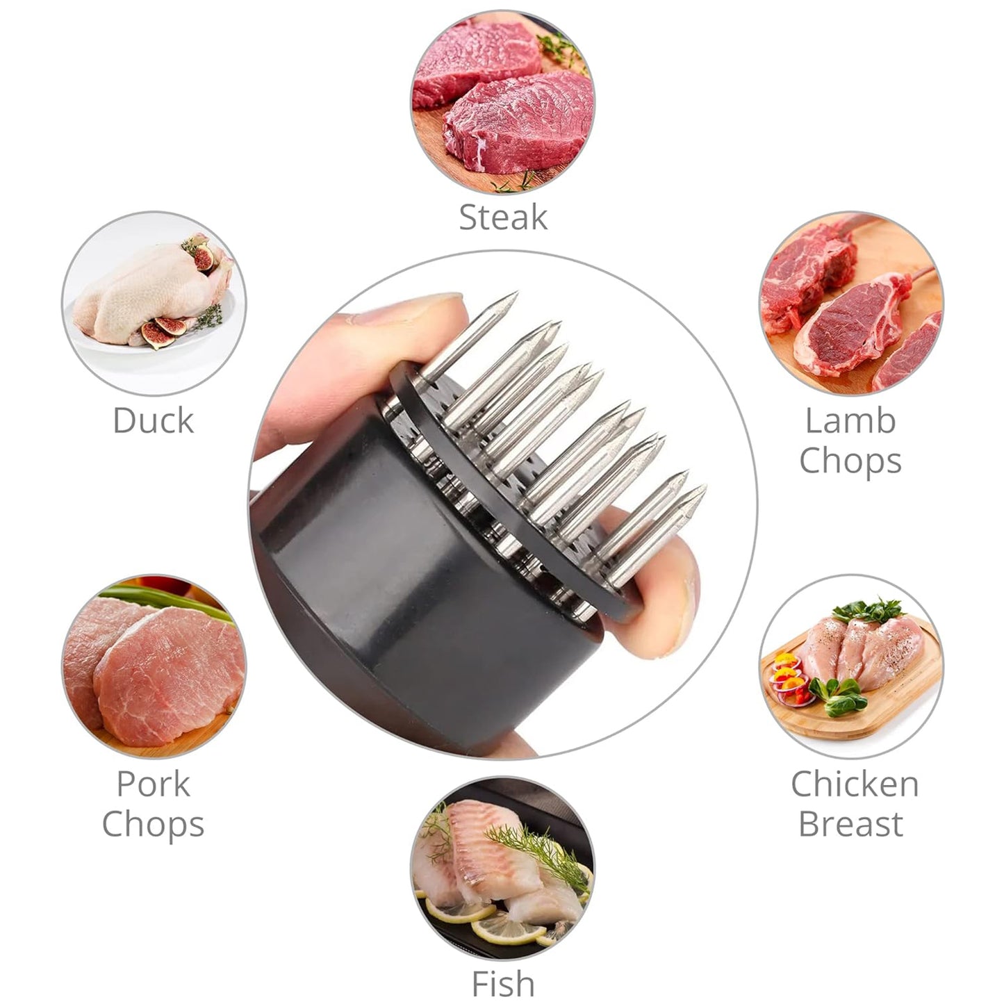 Stainless steel meat tenderizer tool with needle design by Wukusy, used for softening meat in home and kitchen cooking.