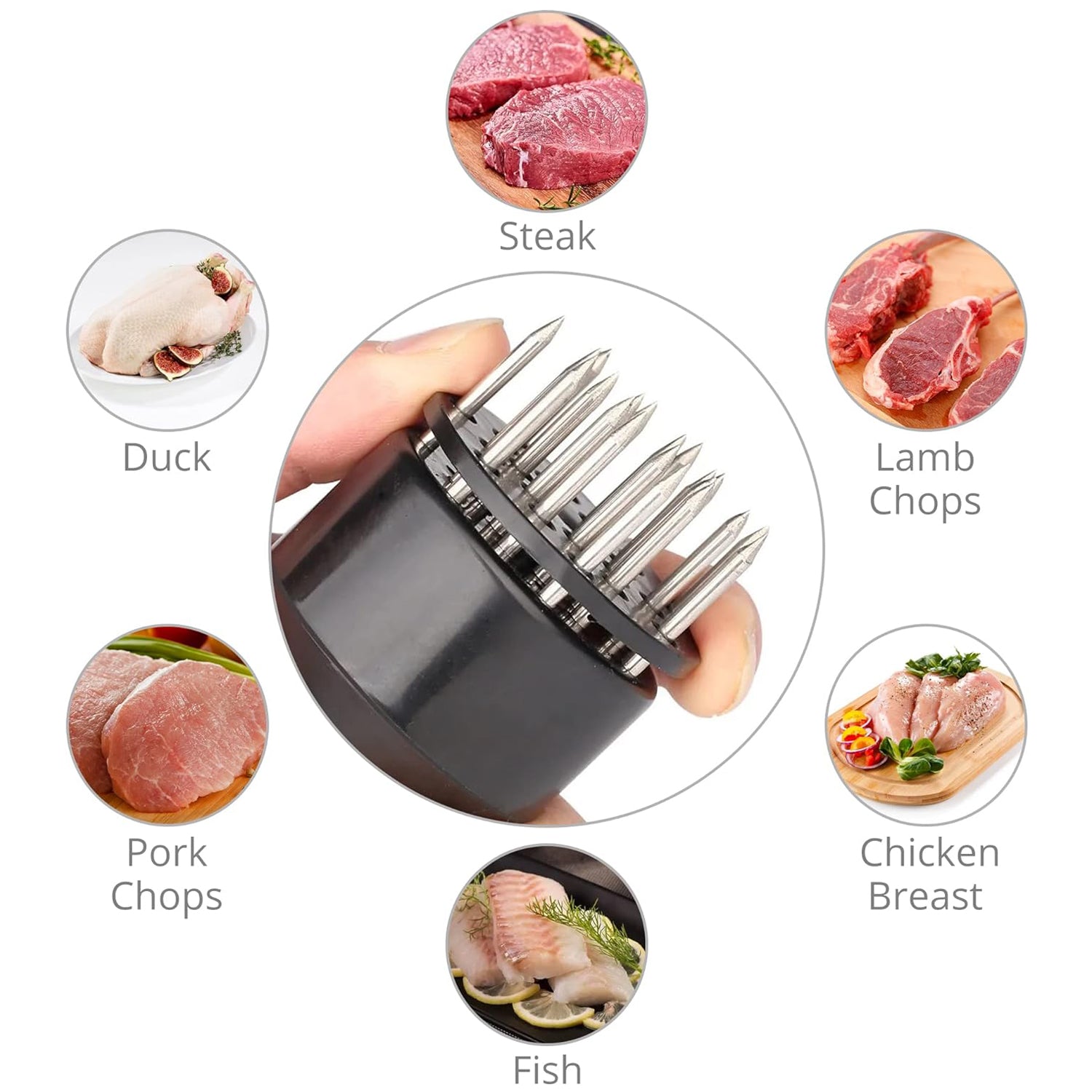Stainless steel meat tenderizer tool with needle design by Wukusy, used for softening meat in home and kitchen cooking.