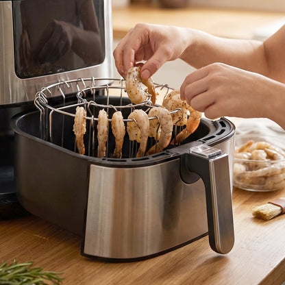 Stainless steel air fryer skewer stand with kebab rack holder by Wukusy, perfect for grilling kebabs in an air fryer or BBQ.