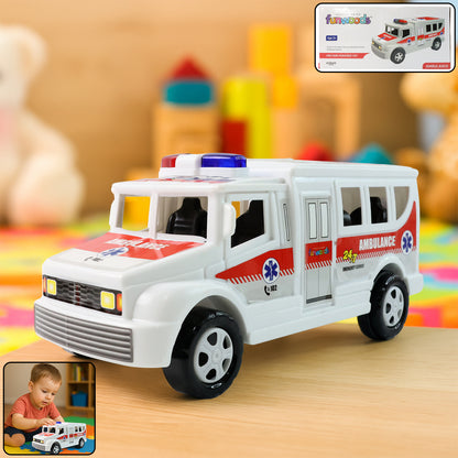 Wukusy Funwoods friction-powered ambulance toy for kids, with red and white details and realistic emergency vehicle design.
