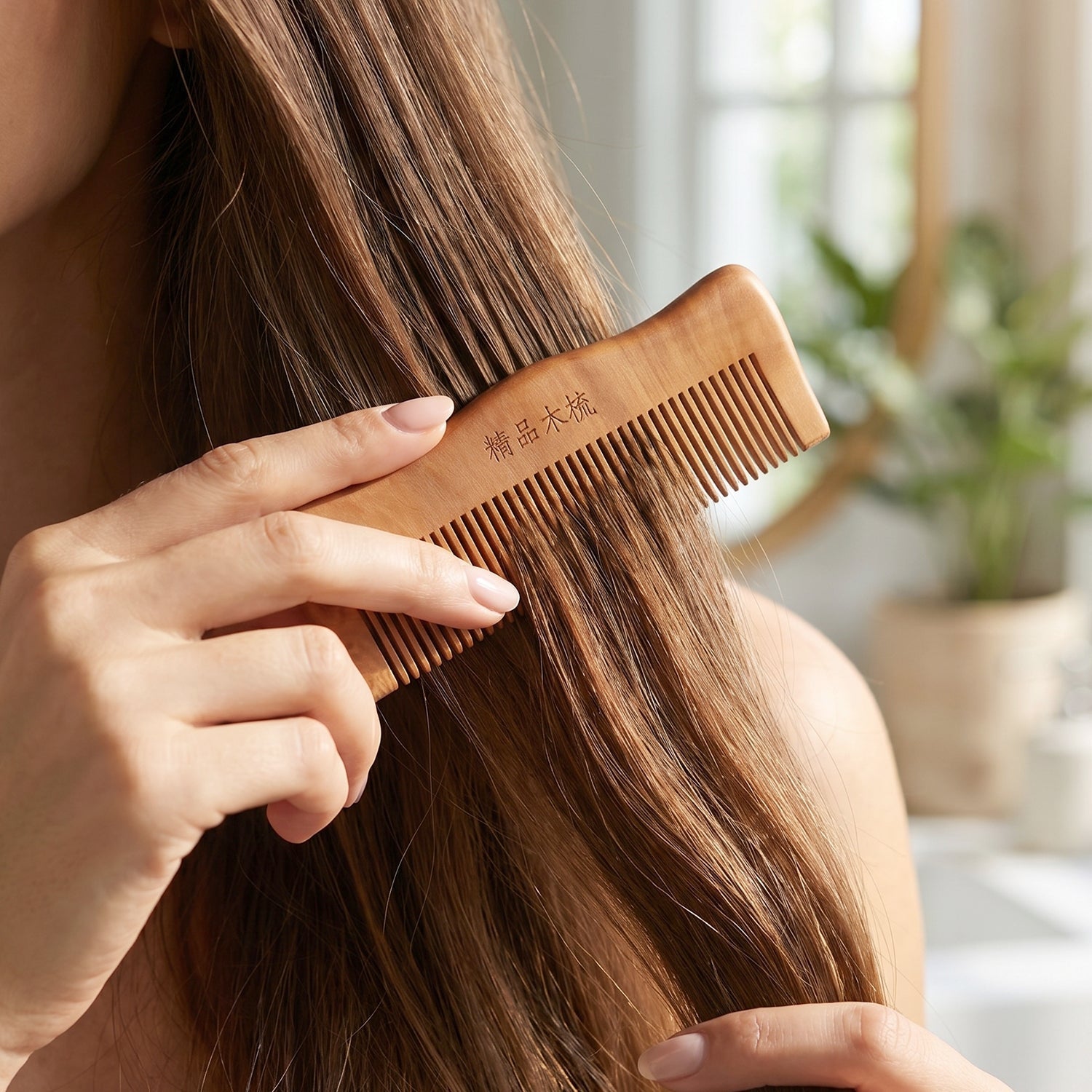 Wukusy natural wooden hair comb with fine teeth, anti-static design for men and women, shown on white background