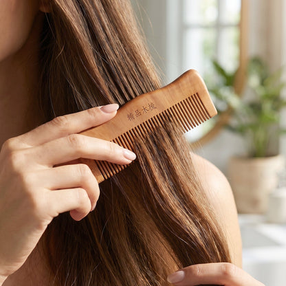 Wukusy natural wooden hair comb with fine teeth, anti-static design for men and women, shown on white background