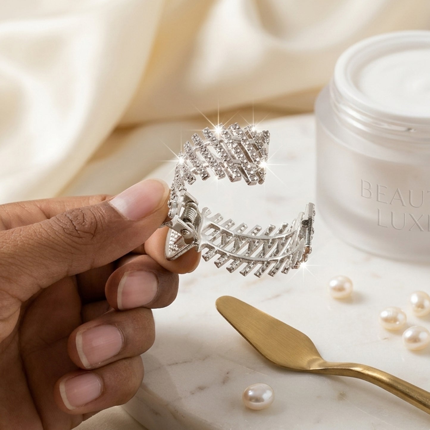 Wukusy crystal-studded metal hair claw clip, elegant hair accessory with sparkling embellishments, suitable for stylish hair styling.