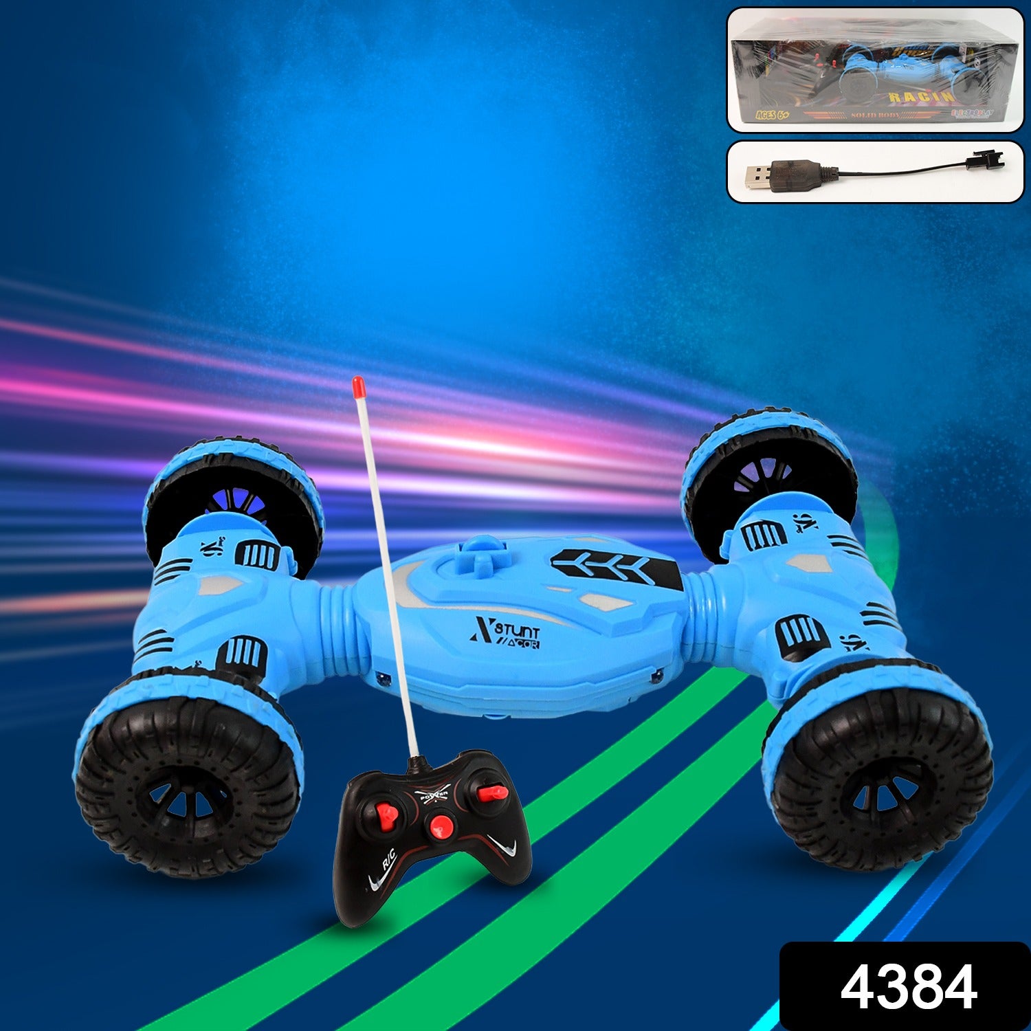 Wukusy remote control stunt car toy racing on a smooth surface, showcasing its vibrant design and agility in action.