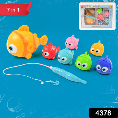 Wukusy 7-in-1 magnetic fishing toy set for kids with colorful fishing rods, magnetic fish, and a play mat on a white background.
