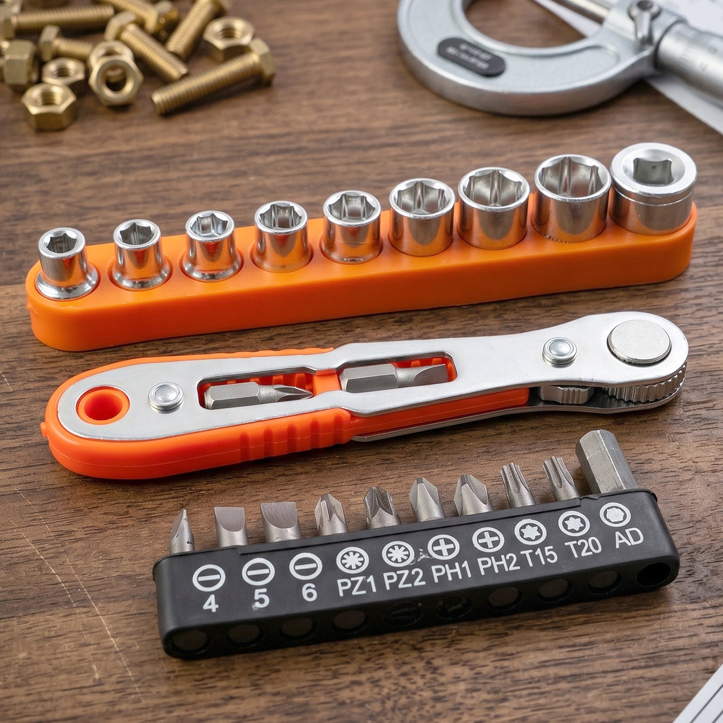 Wukusy mini ratchet wrench showing a compact, versatile repair tool with a textured handle and metal ratchet mechanism.
