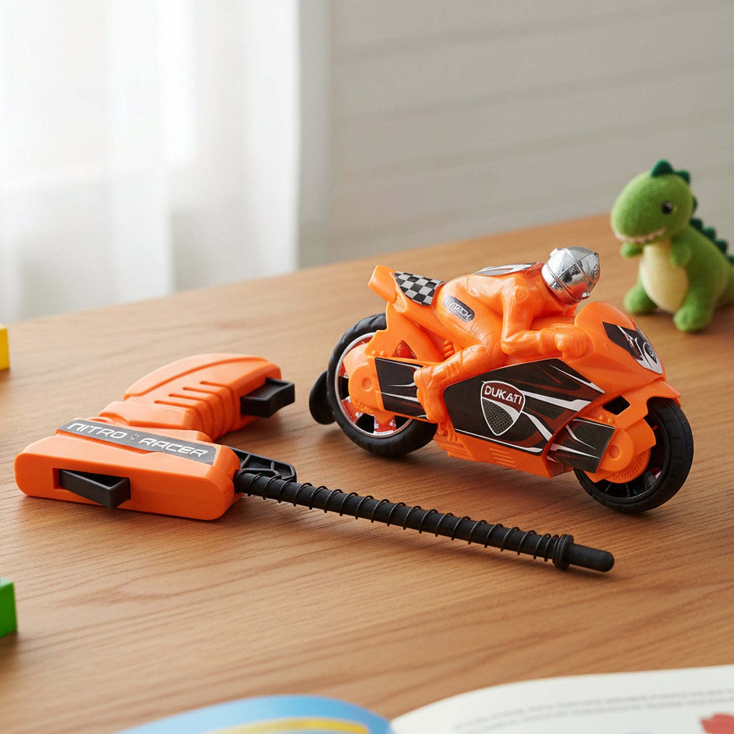 Wukusy launcher bike racing toy for kids with manual pull launcher, featuring colorful design and small bike model in action.