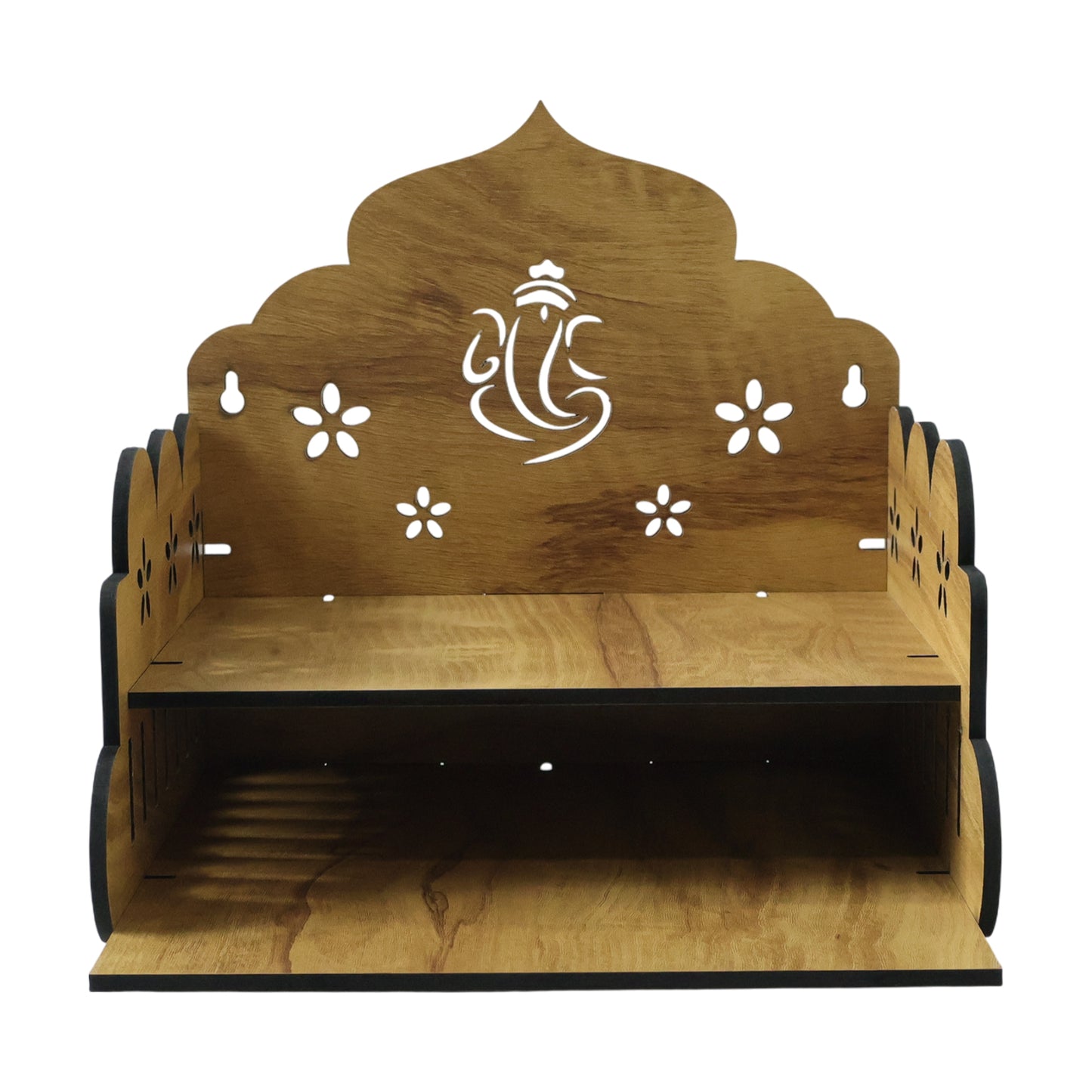 Wooden temple style home mandir stand for pooja by Wukusy, featuring intricate carvings and a sturdy design for prayer space.