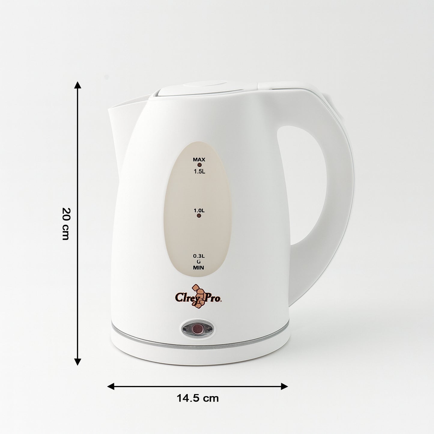 Wukusy Orbit electric kettle with 1.5-liter capacity, stainless steel body, on a kitchen countertop.