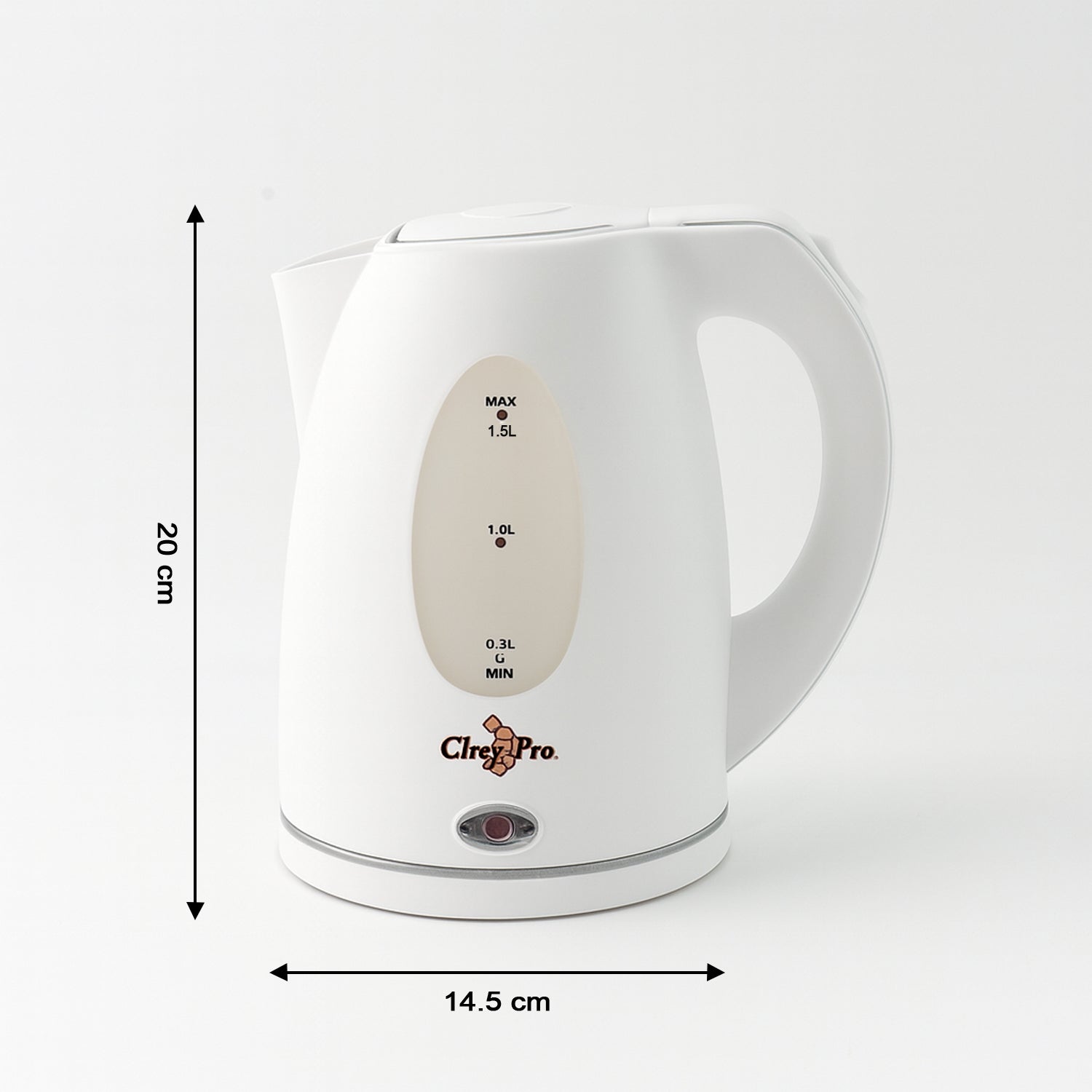 Wukusy Orbit electric kettle with 1.5-liter capacity, stainless steel body, on a kitchen countertop.