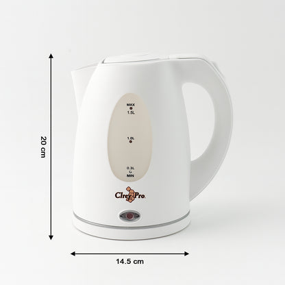 Wukusy Orbit electric kettle with 1.5-liter capacity, stainless steel body, on a kitchen countertop.