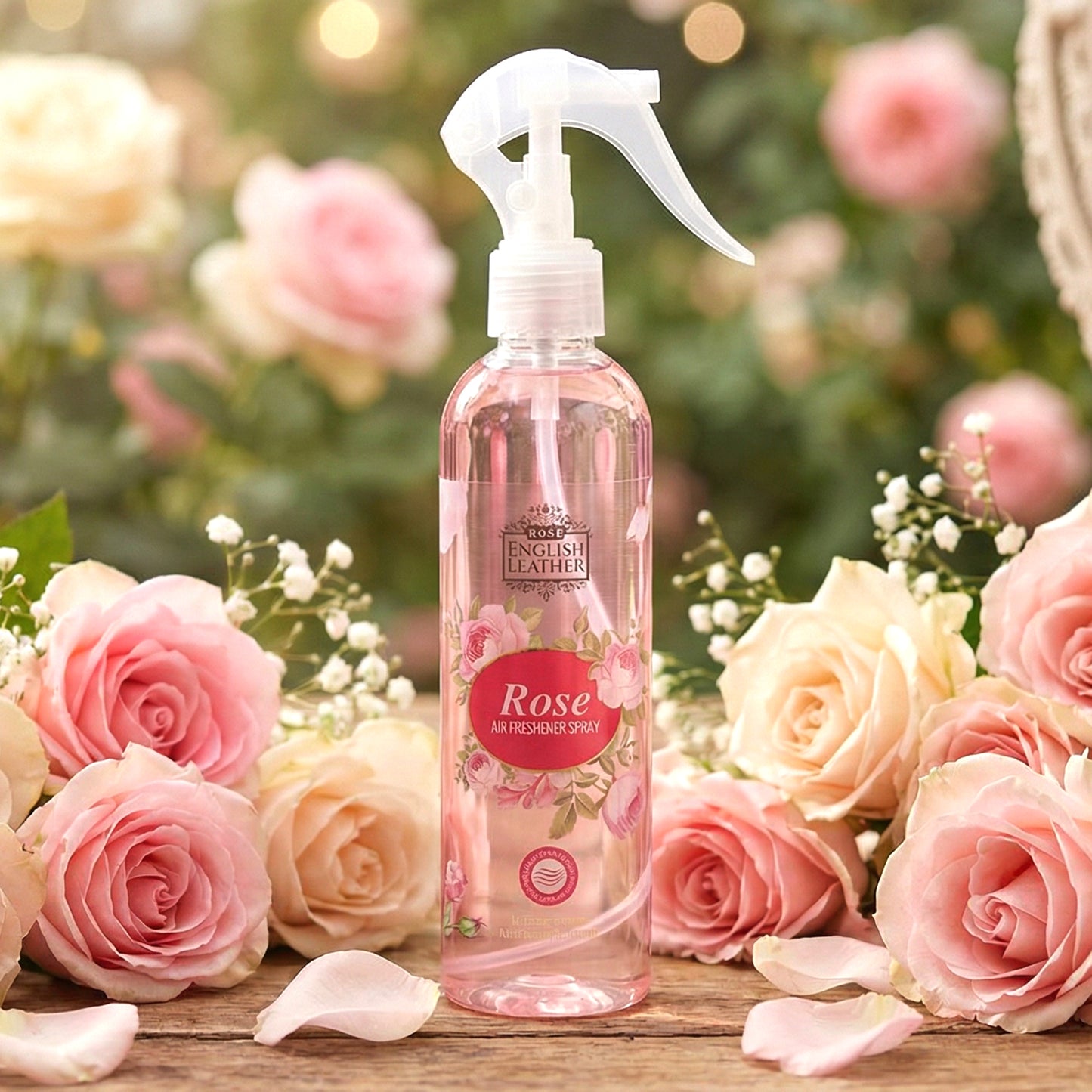 Wukusy Rose fragrance air freshener spray for home use, 250ml bottle with a floral rose design and spray nozzle.