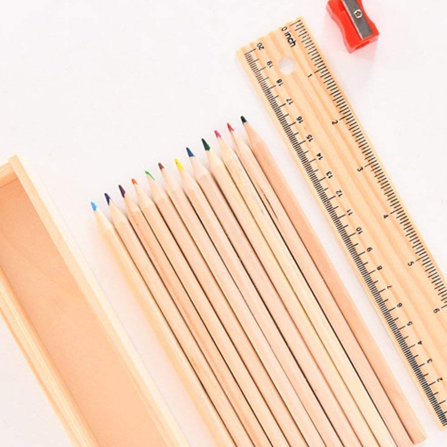 Colorful wooden pencil set with box, ruler, and sharpener by Wukusy, ideal for kids, artists, and architects.