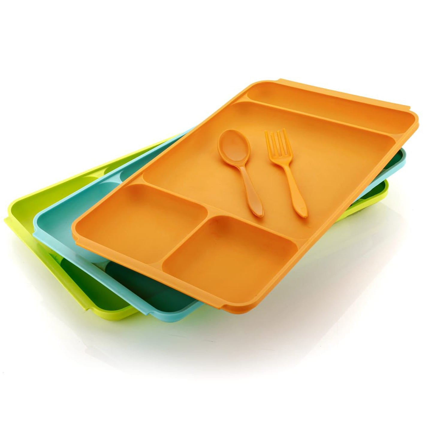 Wukusy 4-compartment plastic dish with spoon and fork, divided food plate for Pav Bhaji or meals, kitchen dinnerware set.