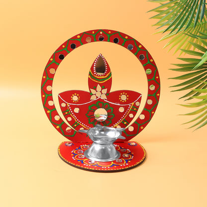 Handcrafted wooden diya stand for home decor, featuring intricate design and natural wood finish by Wukusy.