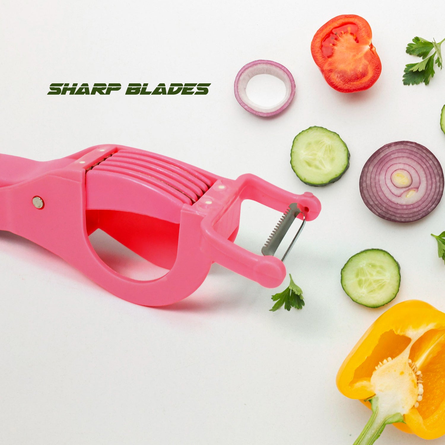 Wukusy plastic 2-in-1 vegetable and fruit multi cutter with 5 blades and peeler, multicolor, for home kitchen use.