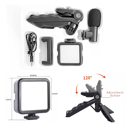 Wukusy 6054 vlogging kit with mini tripod, LED light, phone holder clip, and microphone for mobile video production