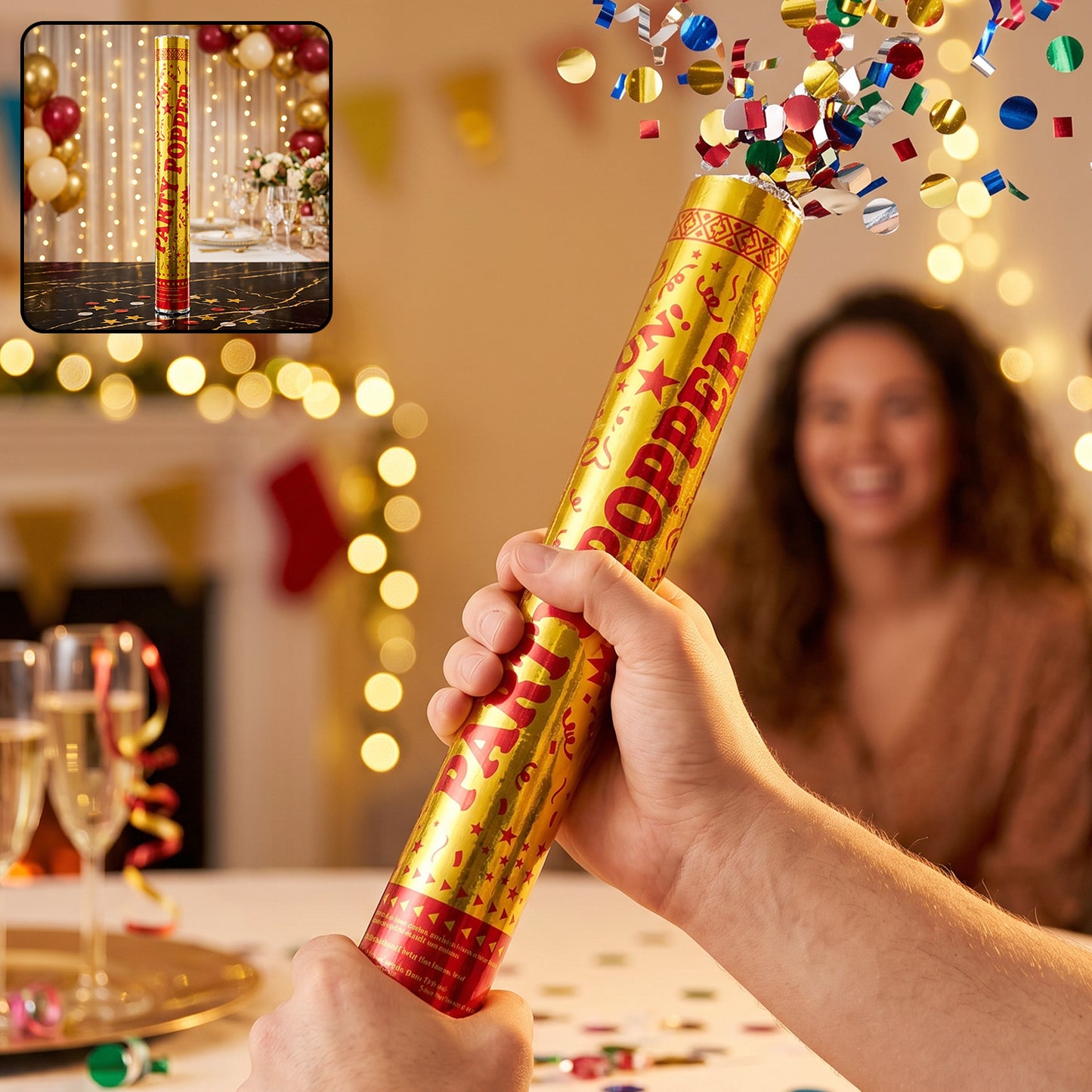 Wukusy golden party popper confetti cannon shooter for birthday and celebration, ready to burst with festive confetti.