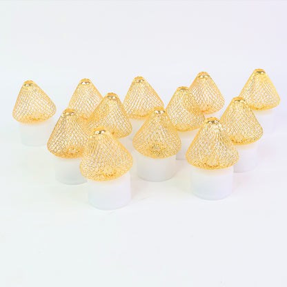 Set of 12 decorative LED flameless candle lights with golden net covers for home decor by Wukusy, shown on a table.