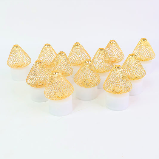 Set of 12 decorative LED flameless candle lights with golden net covers for home decor by Wukusy, shown on a table.