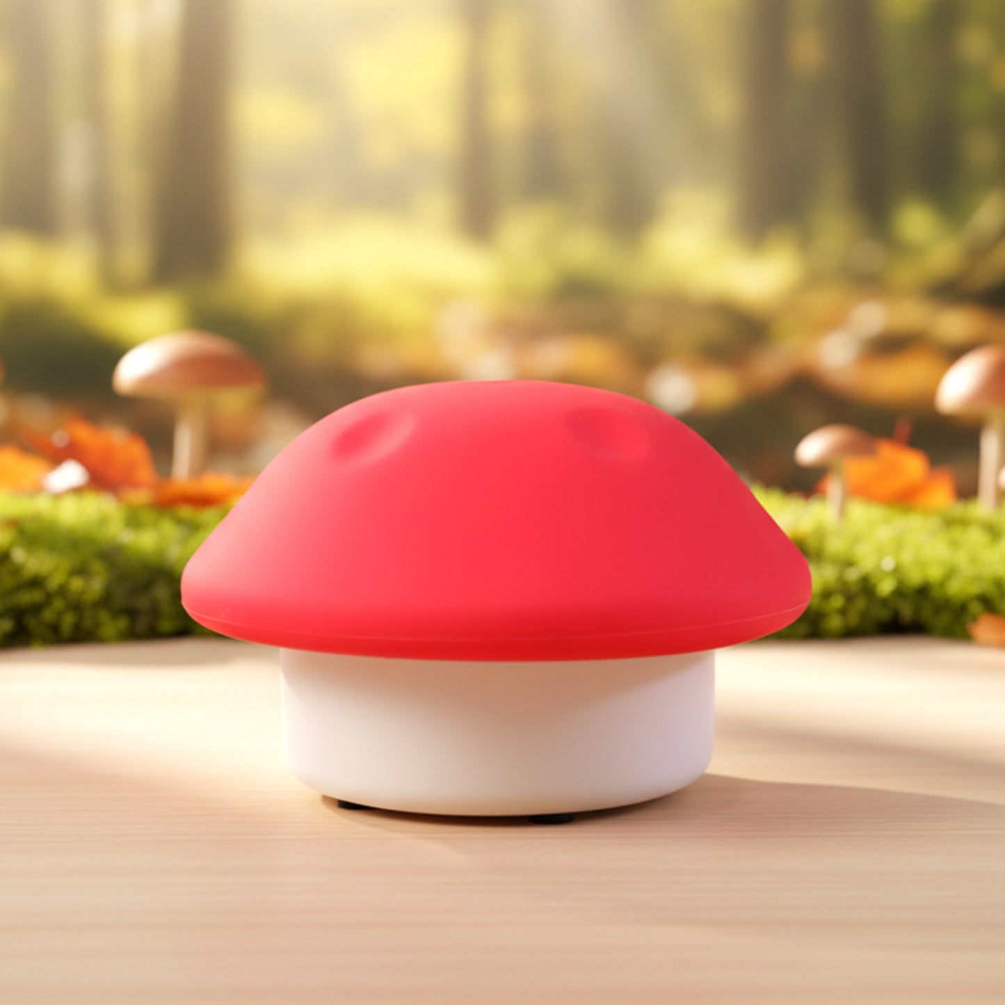 Mushroom-shaped LED night light by Wukusy with mixed color glow, perfect for cozy bedroom or nursery decor.