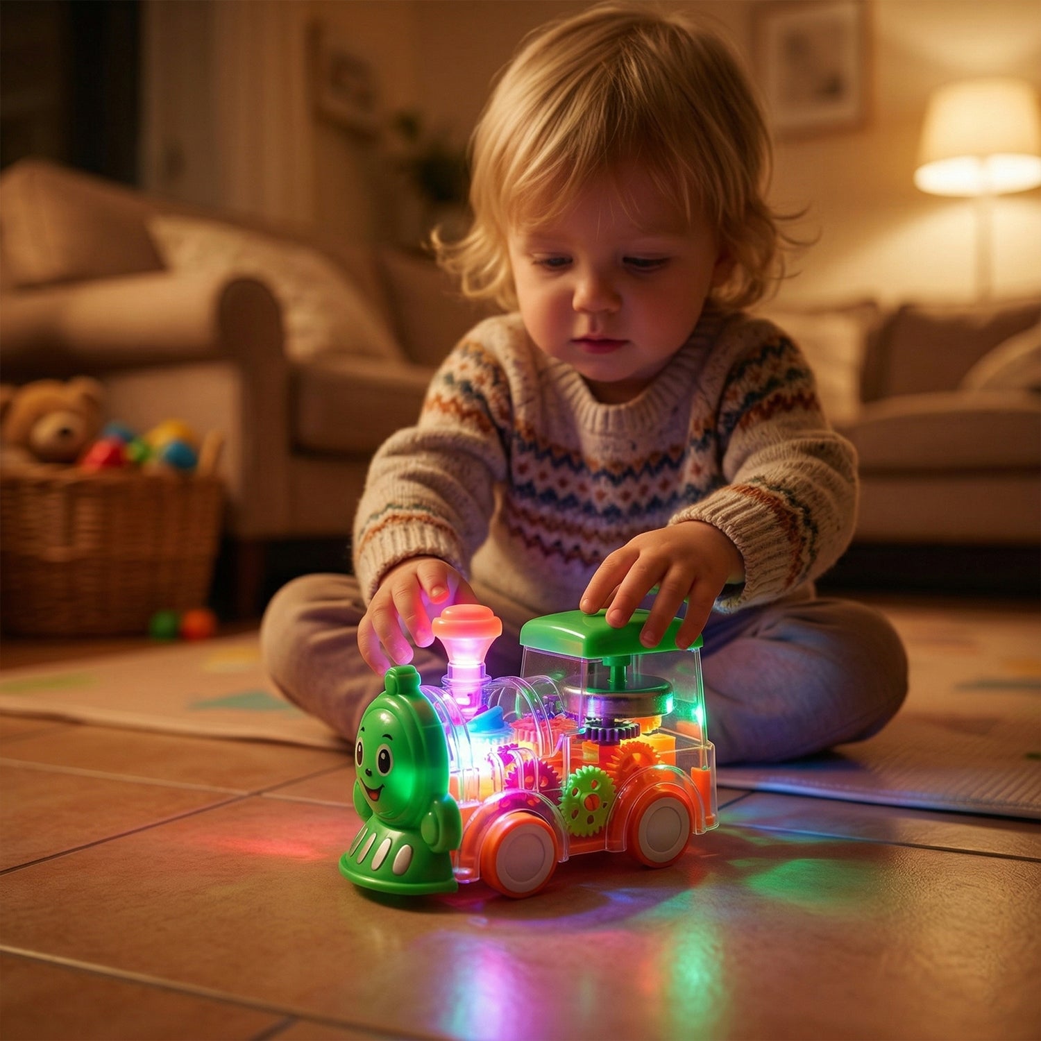 Kids musical light-up transparent train toy by Wukusy with colorful lights and musical features, perfect for children's play.